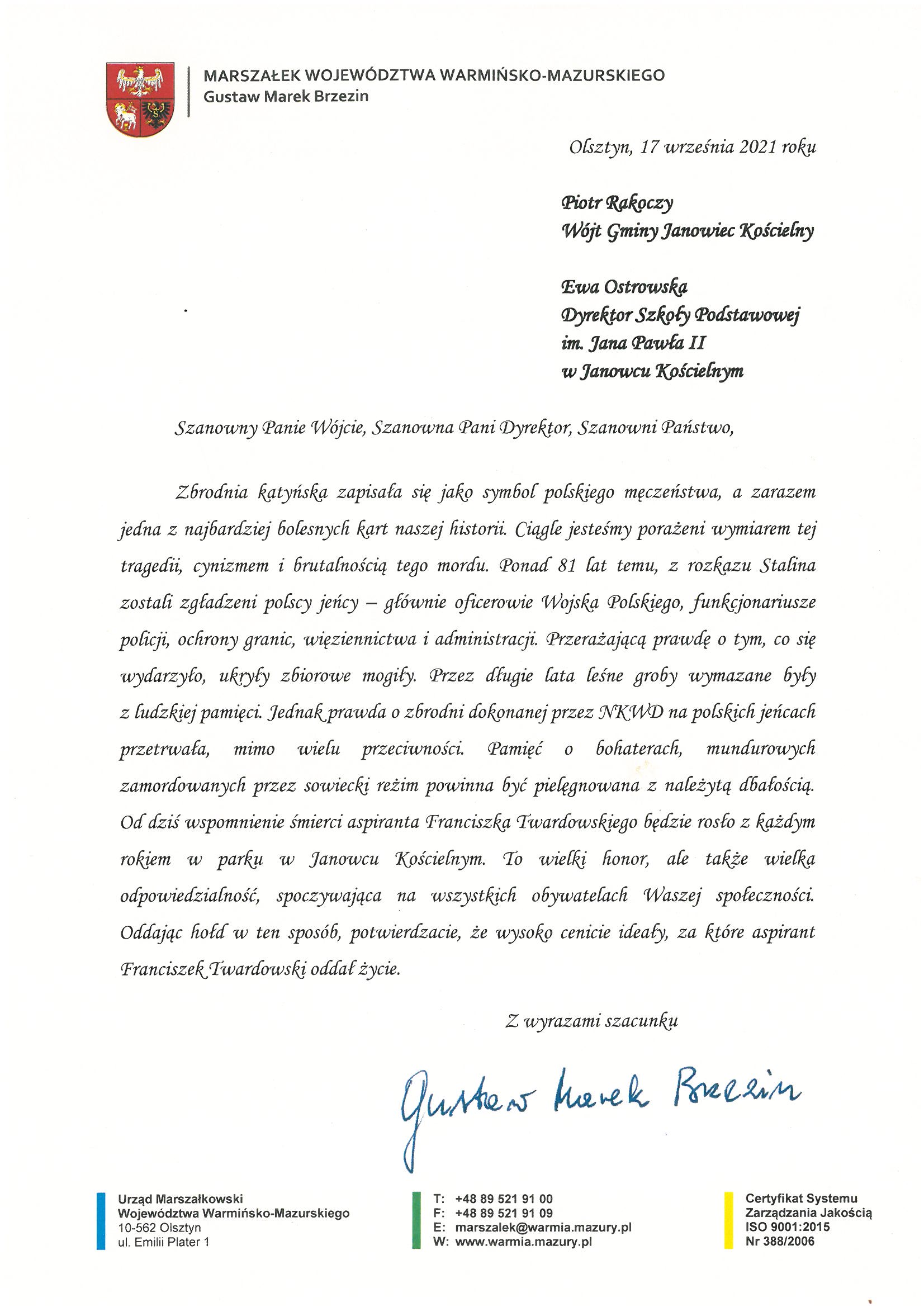 List Marszałka Województwa Warmińsko-MAzurskiego